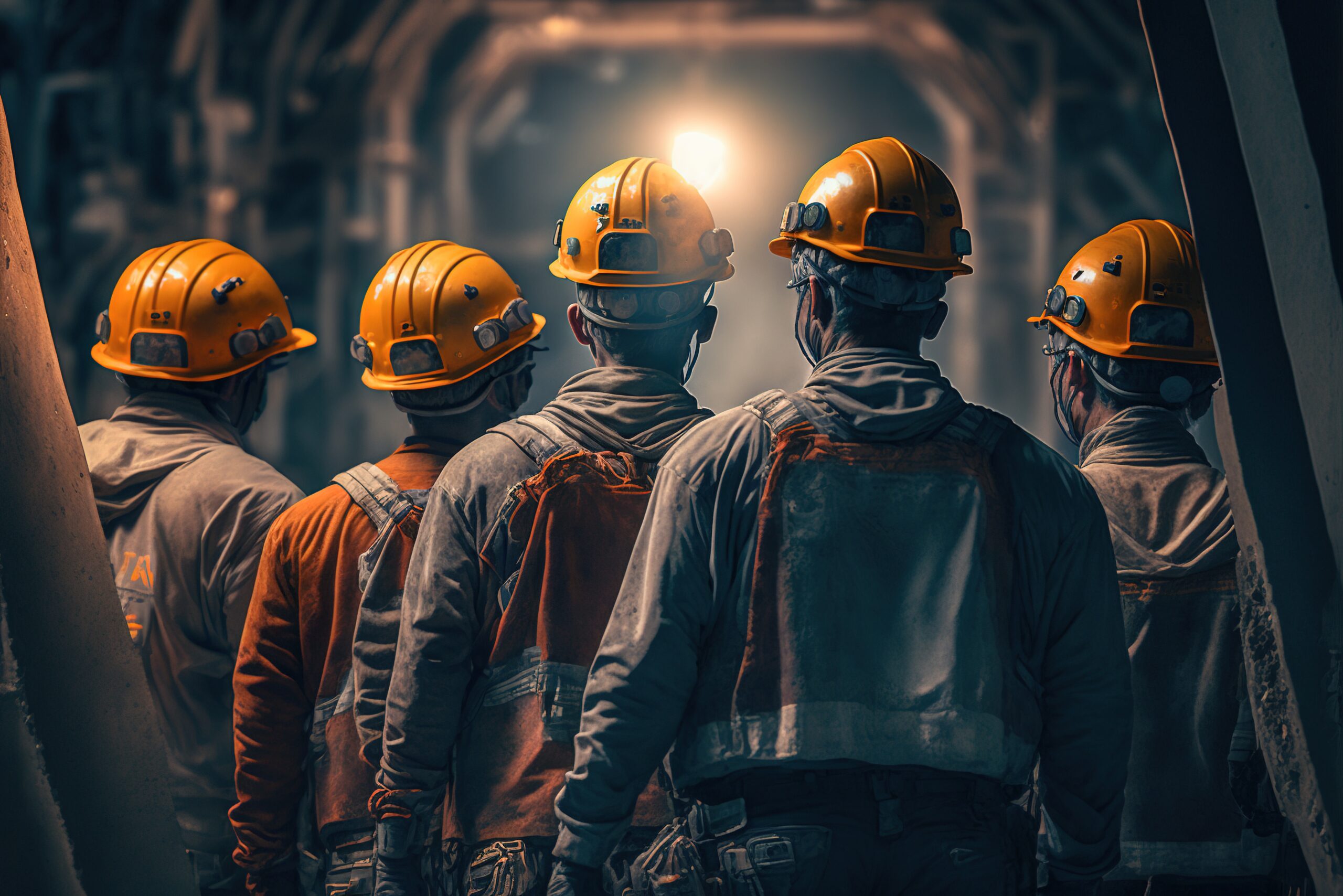 Group of mine workers wearing helmets. Generative AI.